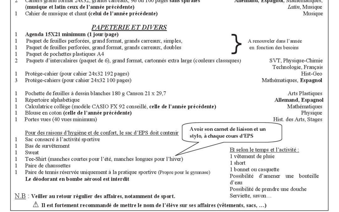 fourniture 3ème 2016