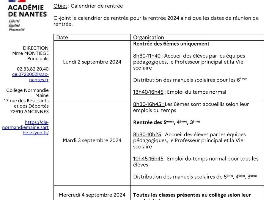 Planning rentrée des classes